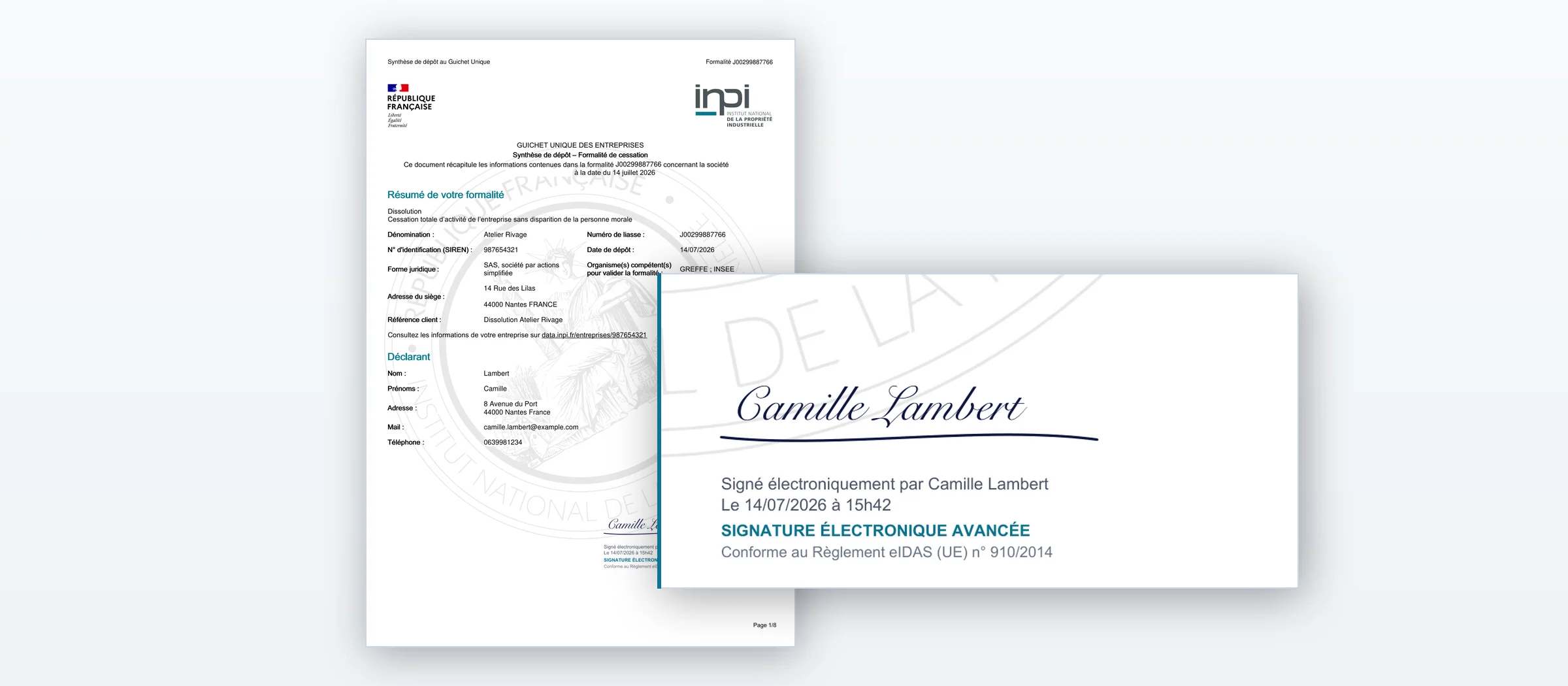 Page 1 d'un document de synthèse du Guichet Unique, signé électroniquement, avec le détail de la mention « signature électronique avancée »