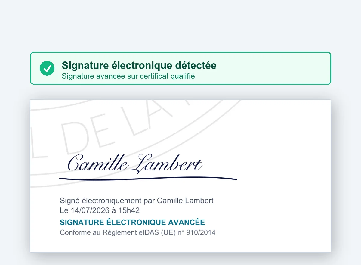 Résultat d'une vérification : signature électronique détectée, avancée, reposant sur un certificat qualifié